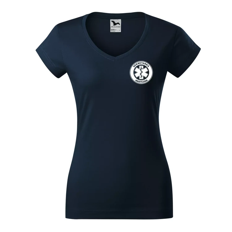 Koszulka damska Fit V-neck 162 medyczna z krótkim rękawem z logo na sercu i plecach z nadrukiem SEKRETARKA MEDYCZNA logo 180 gm² koszulka krótki rękaw.webp