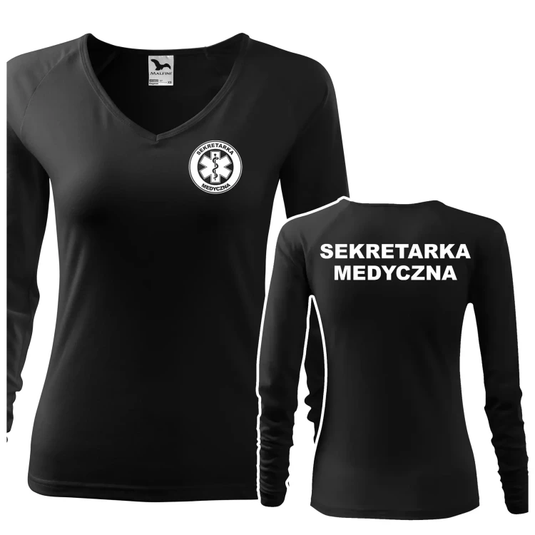 Koszulka damska z długim rękawem Elegance 127 z nadrukiem SEKRETARKA MEDYCZNA na sercu i plecach odzież reklamowa 180 gm² WSZYSTKIE KOLORY  (4).webp