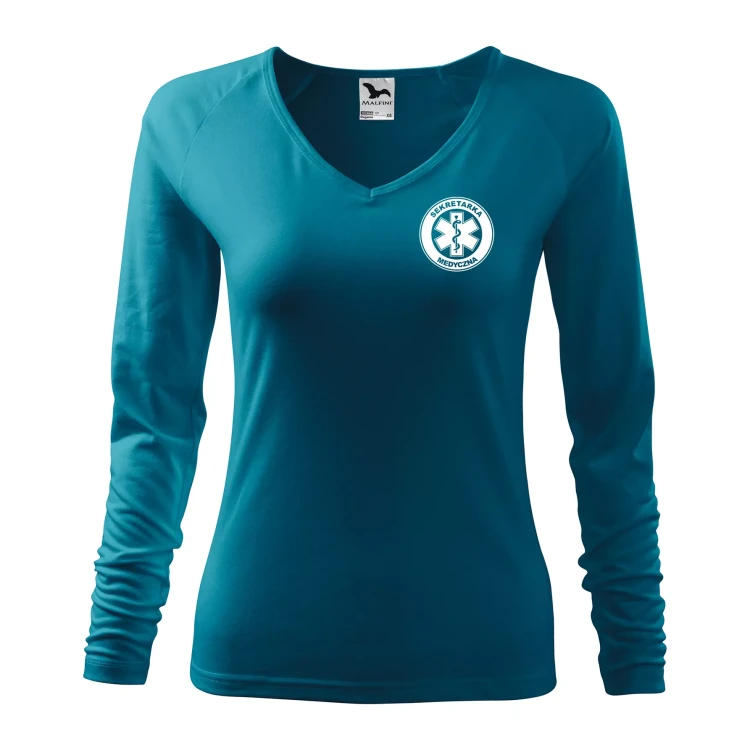 Koszulka damska z długim rękawem Elegance 127 z nadrukiem SEKRETARKA MEDYCZNA na sercu i plecach odzież reklamowa 180 gm² WSZYSTKIE KOLORY  (1).webp