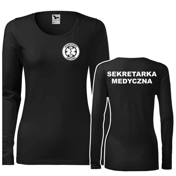 Koszulka damska z długim rękawem Slim 139 z logo własnym nadrukiem SEKRETARKA MEDYCZNA na sercu i plecach odzież reklamowa 180 gm² WSZYSTKIE KOLORY (1).webp