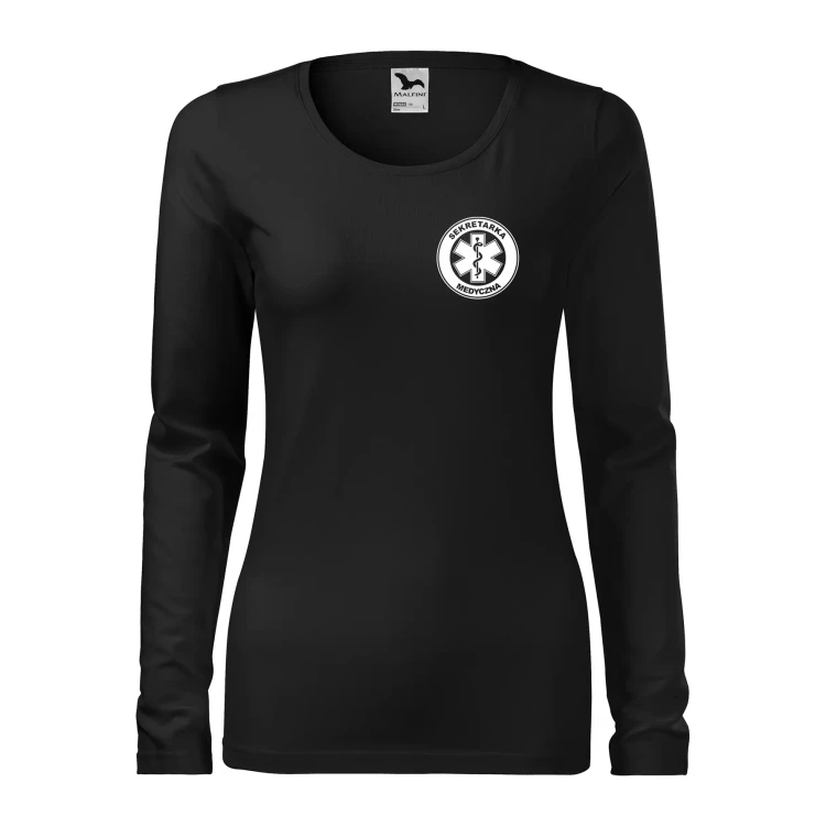 Koszulka damska z długim rękawem Slim 139 z logo własnym nadrukiem SEKRETARKA MEDYCZNA na sercu i plecach odzież reklamowa 180 gm² WSZYSTKIE KOLORY (1.webp