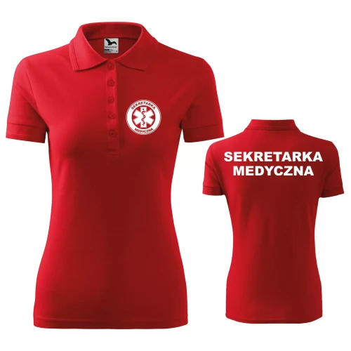 Koszulka damska polo z logo na sercu i plecach z nadrukiem SEKRETARKA MEDYCZNA logo firmy 200 gm² Pique Polo 210 koszulka polo WSZYSTKIE KOLORY (1).webp