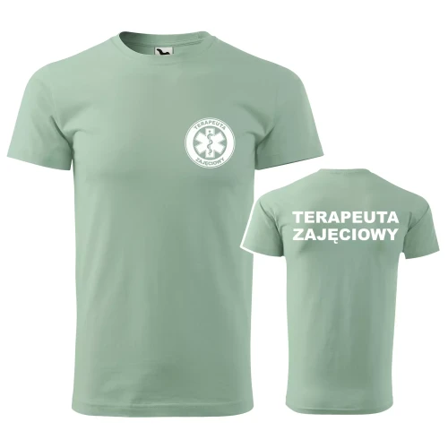 Koszulka z krótkim rękawem z logo na sercu i plecach męska z nadrukiem TERAPEUTA ZAJĘCIOWY 160g BASIC 129 koszulka krótki rękaw WSZYSTKIE KOLORY (1).webp