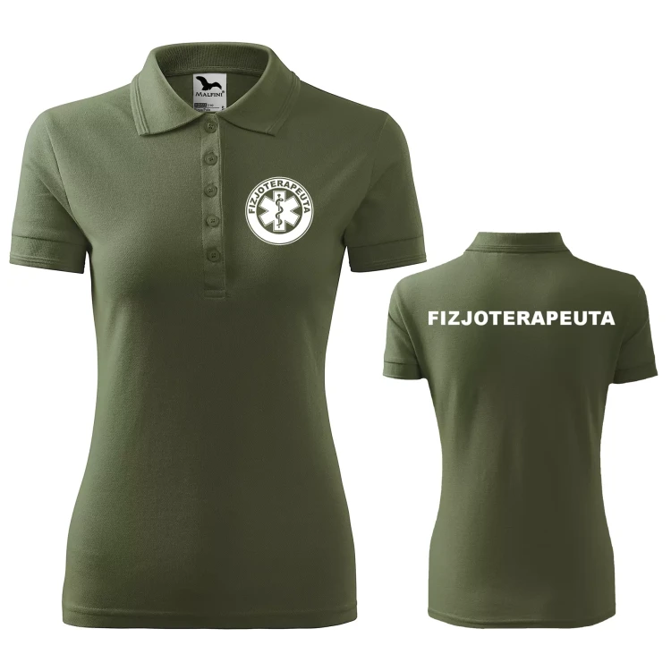 Koszulka damska polo z logo na sercu i plecach z nadrukiem FIZJOTERAPEUTA logo firmy 200 gm² Pique Polo 210 koszulka polo WSZYSTKIE KOLORY (1).webp