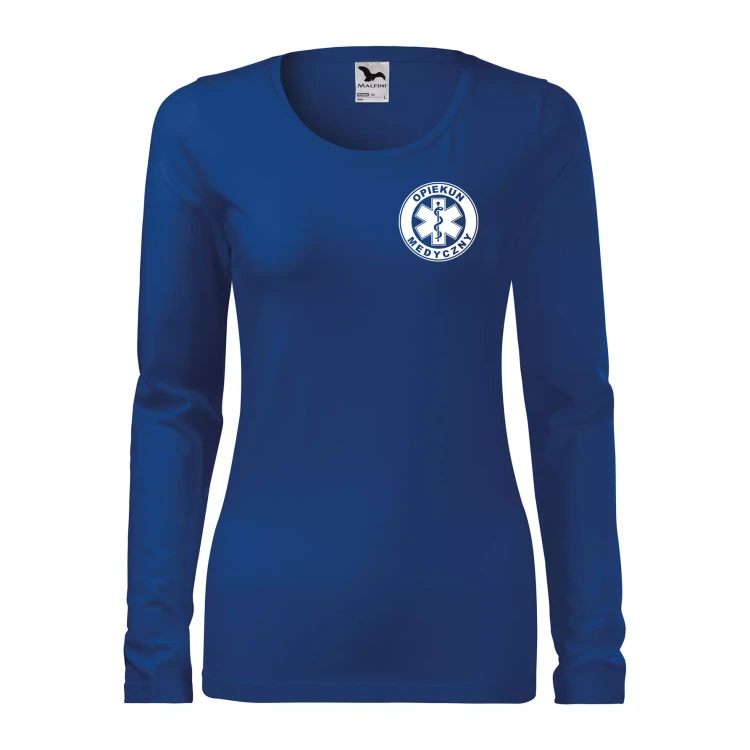 Koszulka damska z długim rękawem Slim 139 z logo własnym nadrukiem OPIEKUN MEDYCZNY na sercu i plecach odzież reklamowa 180 gm² WSZYSTKIE KOLORY (4).webp