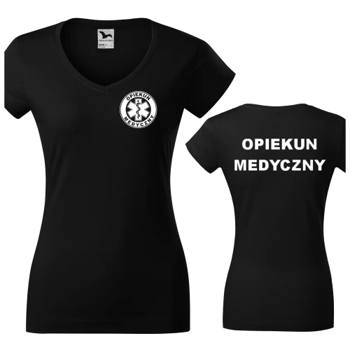 Koszulka damska Fit V-neck 162 medyczna z krótkim rękawem z logo na sercu i plecach z nadrukiem OPIEKUN MEDYCZNY logo 180 gm² koszulka krótki rękaw WSZYSTKI (1).webp