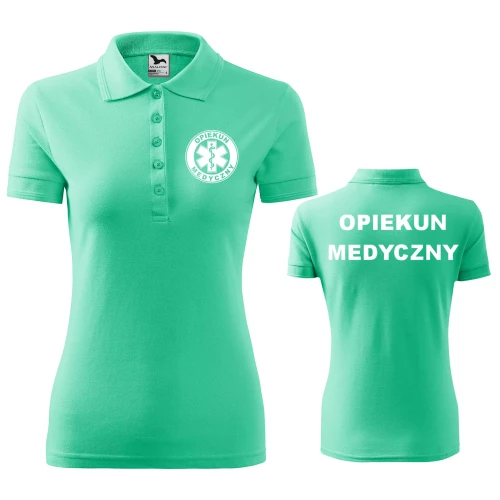 Koszulka damska polo z logo na sercu i plecach z nadrukiem OPIEKUN MEDYCZNY logo firmy 200 gm² Pique Polo 210 koszulka polo WSZYSTKIE KOLORY (1).webp