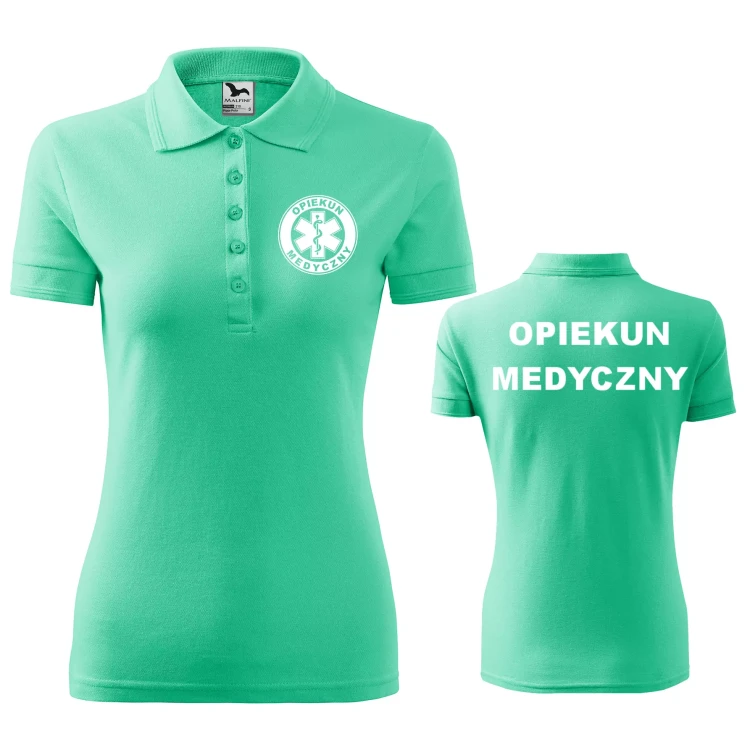 Koszulka damska polo z logo na sercu i plecach z nadrukiem OPIEKUN MEDYCZNY logo firmy 200 gm² Pique Polo 210 koszulka polo WSZYSTKIE KOLORY (1).webp
