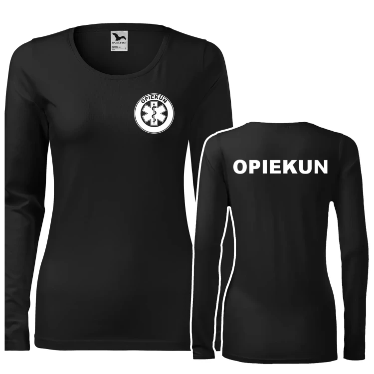 Koszulka damska z długim rękawem Slim 139 z logo własnym nadrukiem OPIEKUN na sercu i plecach odzież reklamowa 180 gm² WSZYSTKIE KOLORY (1).webp