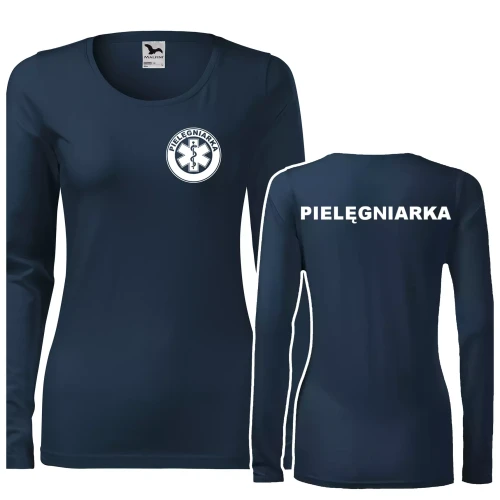 Koszulka damska z długim rękawem Slim 139 z logo własnym nadrukiem PIELĘGNIARKA na sercu i plecach odzież reklamowa 180 gm² WSZYSTKIE KOLORY  (1).webp