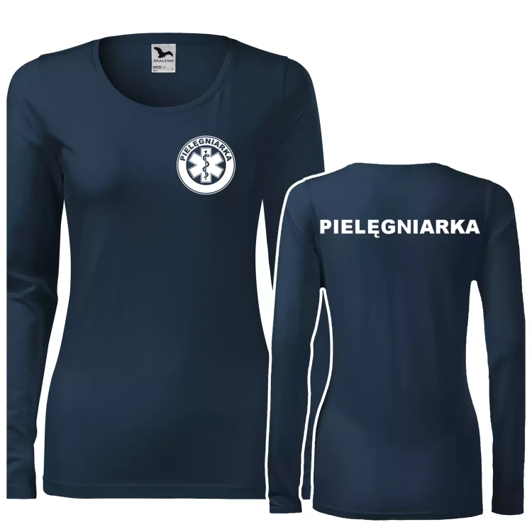 Koszulka damska z długim rękawem Slim 139 z logo własnym nadrukiem PIELĘGNIARKA na sercu i plecach odzież reklamowa 180 gm² WSZYSTKIE KOLORY  (1).webp