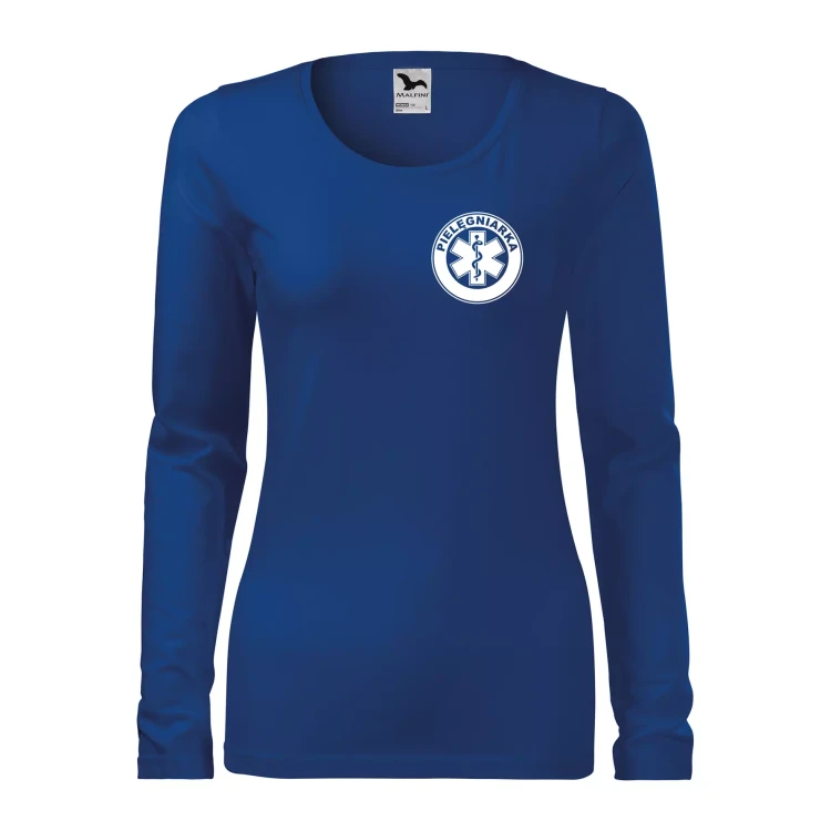 Koszulka damska z długim rękawem Slim 139 z logo własnym nadrukiem PIELĘGNIARKA na sercu i plecach odzież reklamowa 180 gm² WSZYSTKIE KOLORY  (3).webp