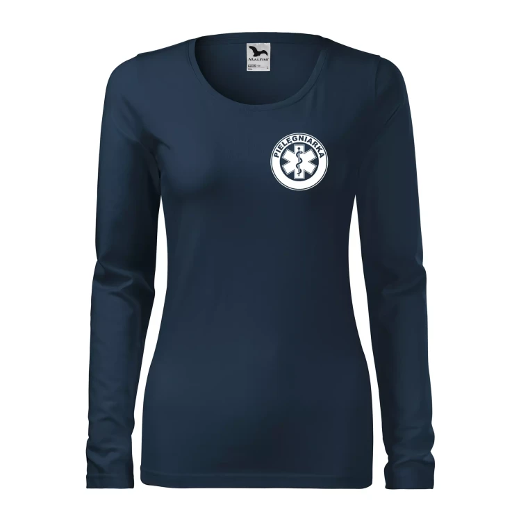 Koszulka damska z długim rękawem Slim 139 z logo własnym nadrukiem PIELĘGNIARKA na sercu i plecach odzież reklamowa 180 gm² WSZYSTKIE KOLORY  (4).webp