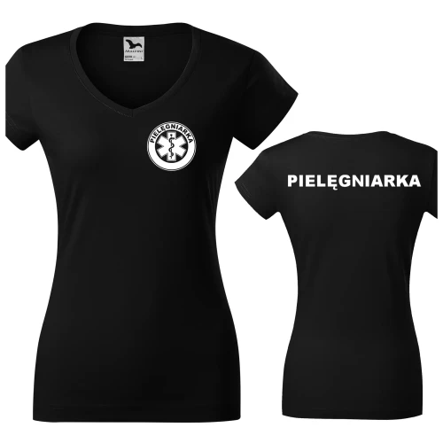 Koszulka damska Fit V-neck 162 medyczna z krótkim rękawem z logo na sercu i plecach z nadrukiem PIELĘGNIARKA logo 180 gm² koszulka krótki rękaw WSZYSTKIE KOLORY (1).webp