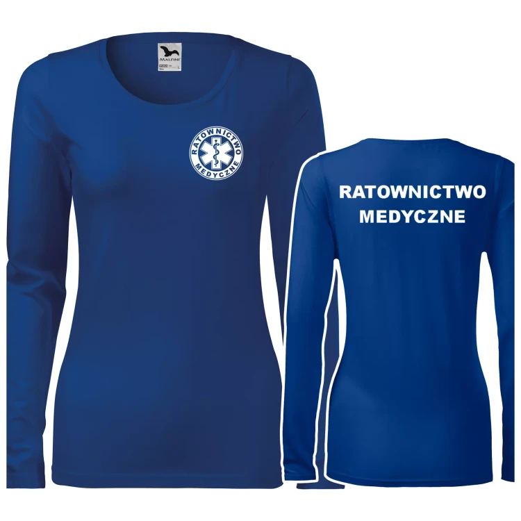 Koszulka damska z długim rękawem Slim 139 z logo własnym nadrukiem RATOWNICTWO MEDYCZNE na sercu i plecach odzież reklamowa 180 gm² WSZYSTKIE KOLORY (1).webp