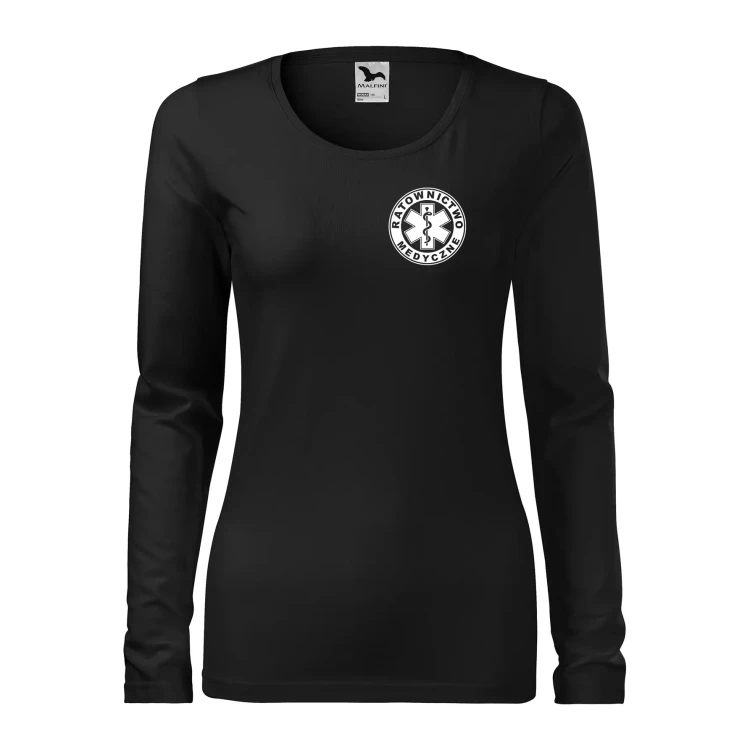 Koszulka damska z długim rękawem Slim 139 z logo własnym nadrukiem RATOWNICTWO MEDYCZNE na sercu i plecach odzież reklamowa 180 gm² WSZYSTKIE KOLORY .webp