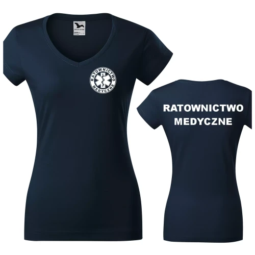 Koszulka damska Fit V-neck 162 medyczna z krótkim rękawem z logo na sercu i plecach z nadrukiem RATOWNICTWO MEDYCZNE logo 180 gm² koszulka krótki rękaw  (1).webp