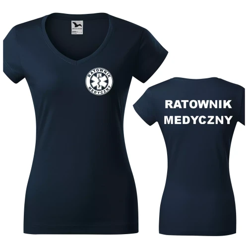 Koszulka damska Fit V-neck 162 medyczna z krótkim rękawem z logo na sercu i plecach z nadrukiem RATOWNIK MEDYCZNY logo 180 gm² koszulka krótki rękaw WSZYST (1).webp