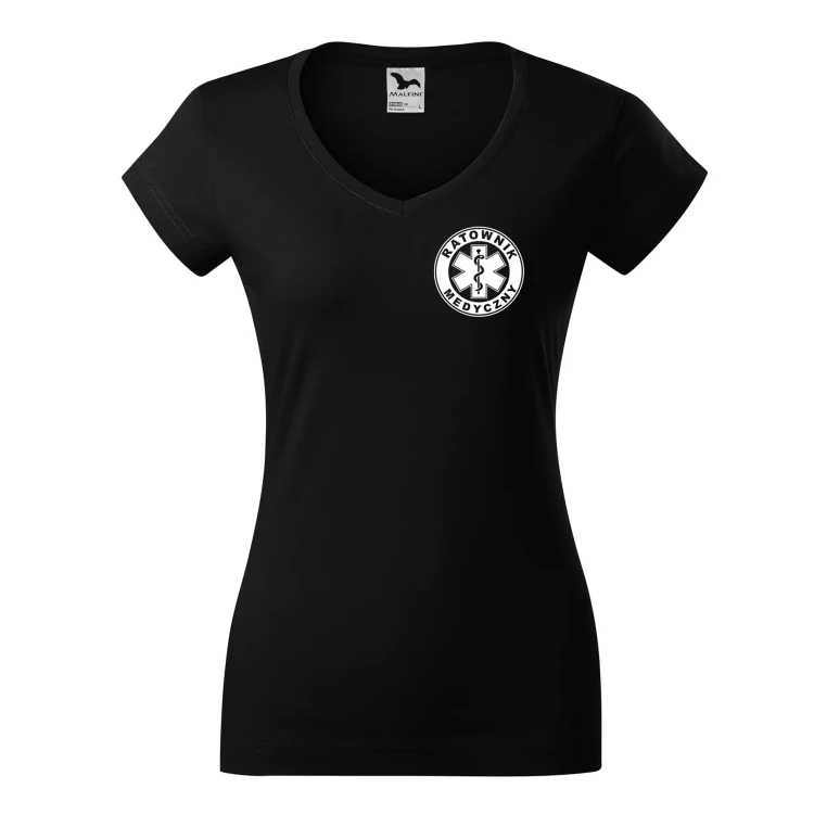 Koszulka damska Fit V-neck 162 medyczna z krótkim rękawem z logo na sercu i plecach z nadrukiem RATOWNIK MEDYCZNY logo 180 gm² koszulka krótki rękaw WSZ.webp