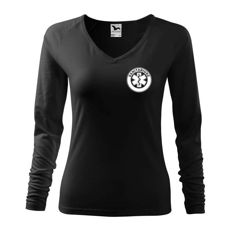 Koszulka damska z długim rękawem Elegance 127 z nadrukiem SANITARIUSZ na sercu i plecach odzież reklamowa 180 gm² WSZYSTKIE KOLORY (1).webp