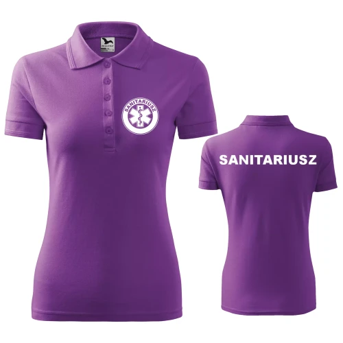 Koszulka damska polo z logo na sercu i plecach z nadrukiem SANITARIUSZ logo firmy 200 gm² Pique Polo 210 koszulka polo WSZYSTKIE KOLORY (27).webp