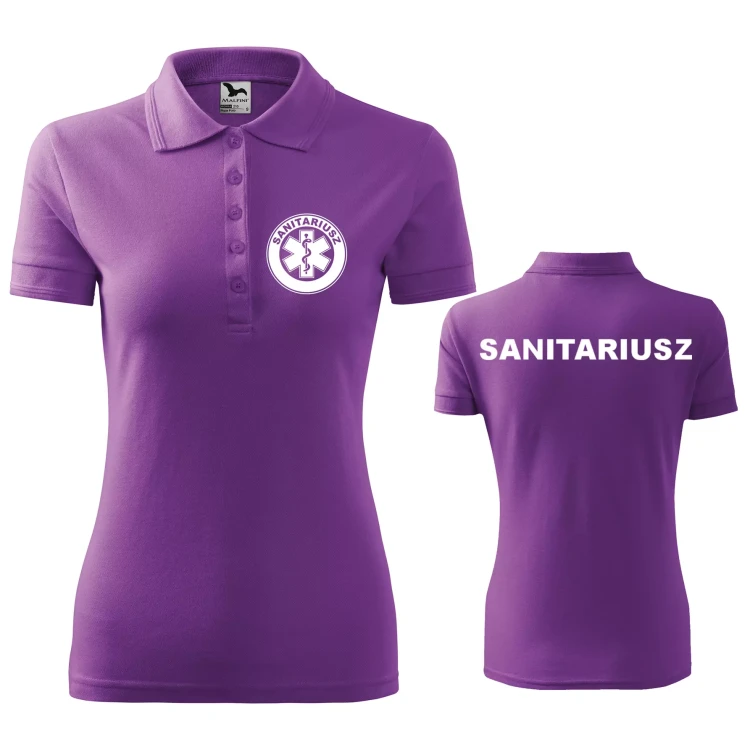 Koszulka damska polo z logo na sercu i plecach z nadrukiem SANITARIUSZ logo firmy 200 gm² Pique Polo 210 koszulka polo WSZYSTKIE KOLORY (27).webp