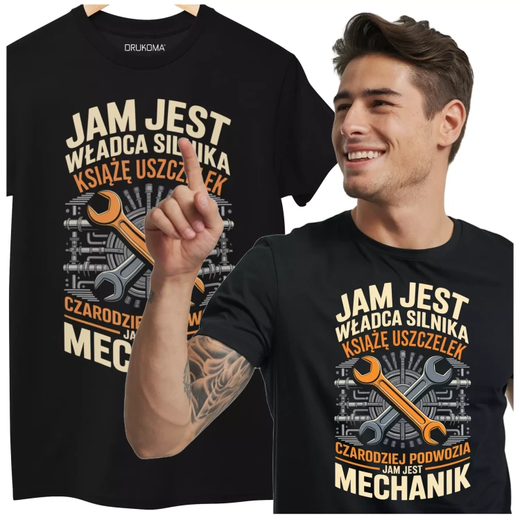 KOSZULKA ZABAWNA NA KAŻDĄ OKAZJE Z NAPISEM JAM JEST WŁADCA SILNIKA KSIĄŻĘ USZCZELEK CZARODZIEJ PODWOZIA JAM JEST MECHANIK (4).webp