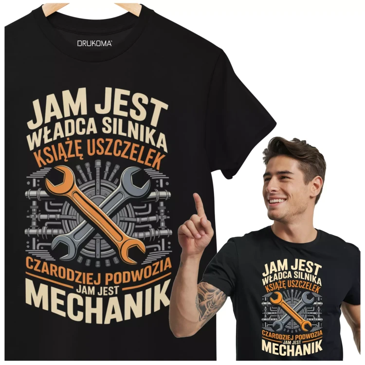 KOSZULKA ZABAWNA NA KAŻDĄ OKAZJE Z NAPISEM JAM JEST WŁADCA SILNIKA KSIĄŻĘ USZCZELEK CZARODZIEJ PODWOZIA JAM JEST MECHANIK (1).webp