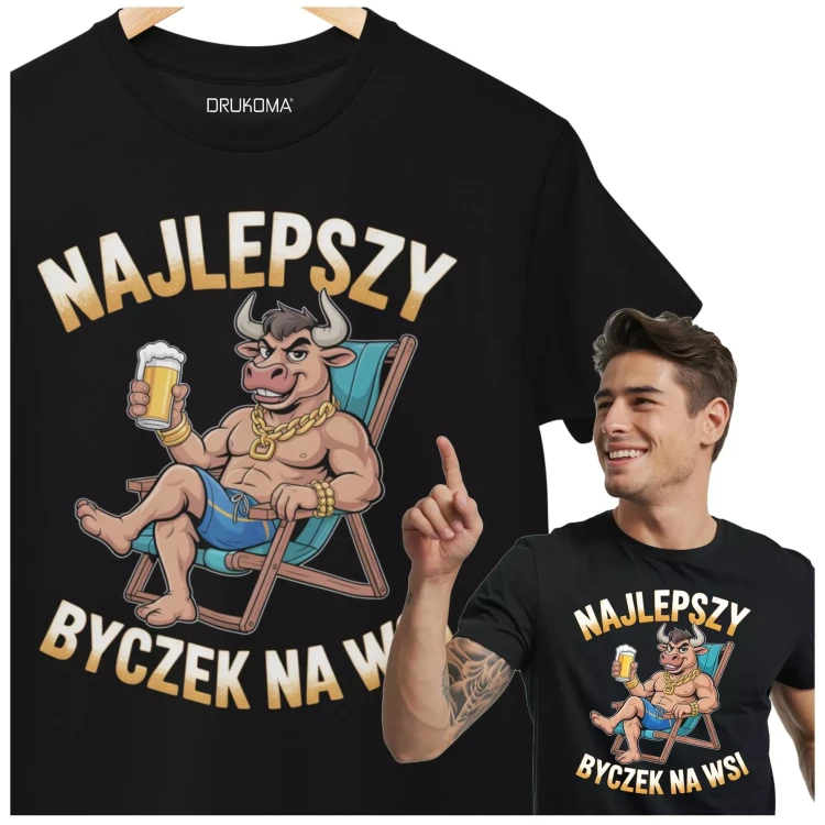 KOSZULKA ZABAWNA NA KAŻDĄ OKAZJE Z NAPISEM NAJLEPSZY BYCZEK NA WSI (1).webp