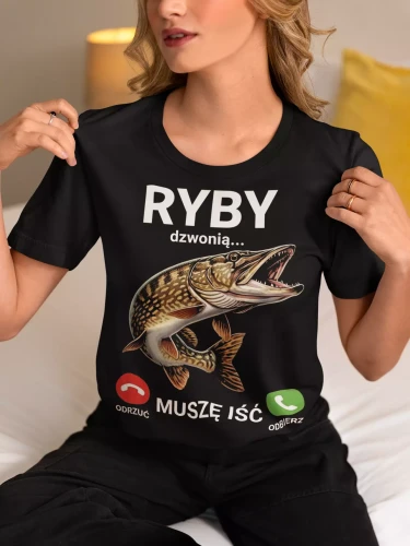 KOSZULKA DAMSKA ZABAWNA NA KAŻDĄ OKAZJE Z NAPISEM RYBY DZWONIĄ MUSZĘ IŚĆ ODRZUĆ ODBIERZ  (4).webp