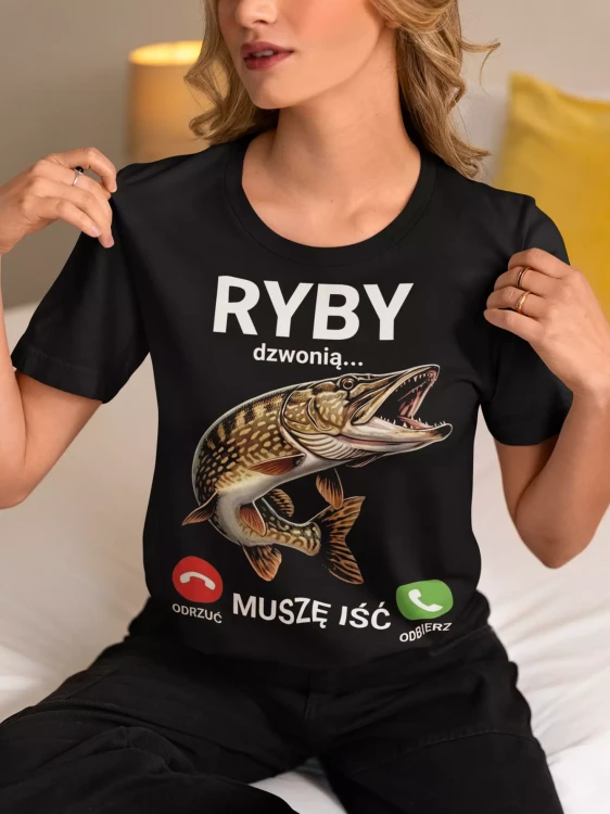 KOSZULKA DAMSKA ZABAWNA NA KAŻDĄ OKAZJE Z NAPISEM RYBY DZWONIĄ MUSZĘ IŚĆ ODRZUĆ ODBIERZ  (4).webp