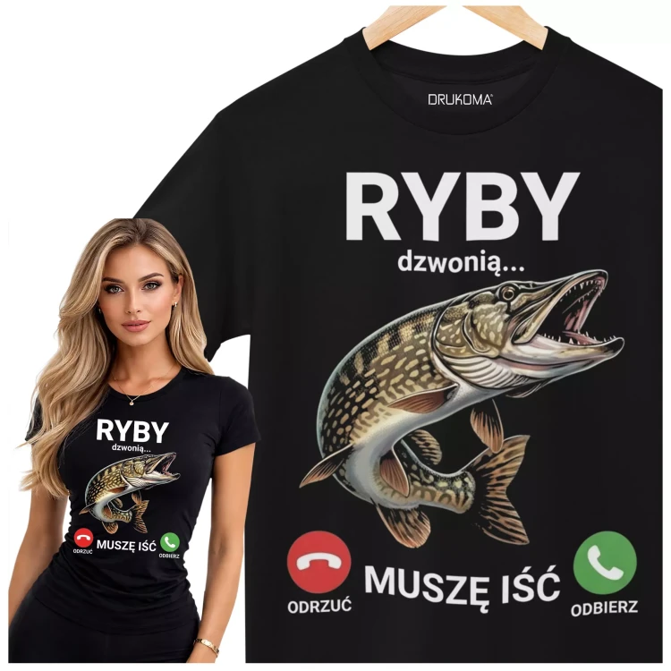 KOSZULKA DAMSKA ZABAWNA NA KAŻDĄ OKAZJE Z NAPISEM RYBY DZWONIĄ MUSZĘ IŚĆ ODRZUĆ ODBIERZ  (2).webp