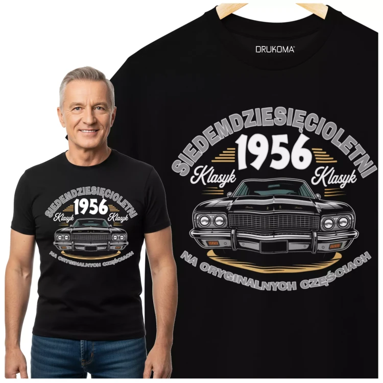 Koszulka na urodziny na 70 SIEDEMDZIESIĄTKĘ Z NADRUKIEM SIEDEMDZIESIĘCIOLETNI KLASYK 1956 NA ORYGINALNYCH CZĘŚCIACH (2).webp