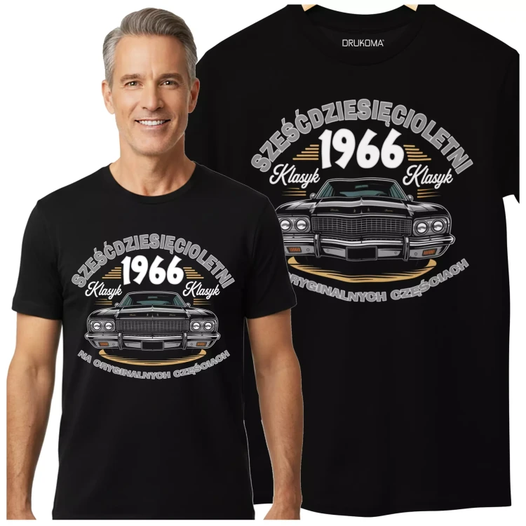 Koszulka na 60 lat urodziny sześćdziesiąte urodziny z napisem SZEŚĆDZIESIĘCIOLETNI KLASYK 1966 NA ORYGINALNYCH CZĘŚCIACH  ( (3).webp