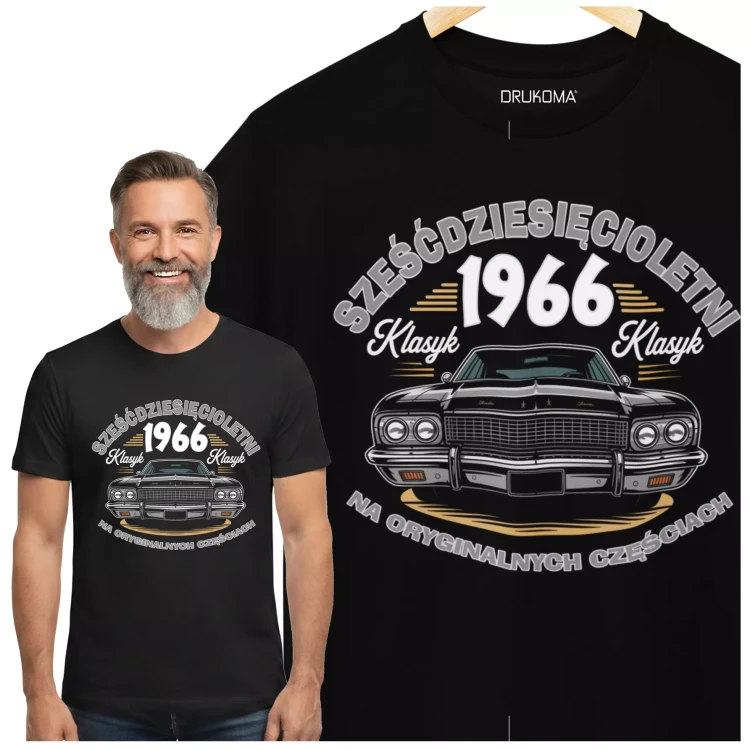 Koszulka na 60 lat urodziny sześćdziesiąte urodziny z napisem SZEŚĆDZIESIĘCIOLETNI KLASYK 1966 NA ORYGINALNYCH CZĘŚCIACH  (.webp