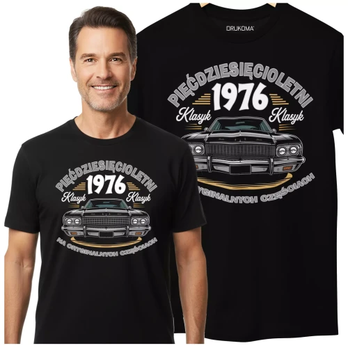 Koszulka na urodziny na 50 PIĘĆDZIESIĄTKĘ z napisem PIĘĆDZISIĘCIOLETNI KLASYK 1976 NA ORYGINALNYCH CZĘŚCIACH (5).webp