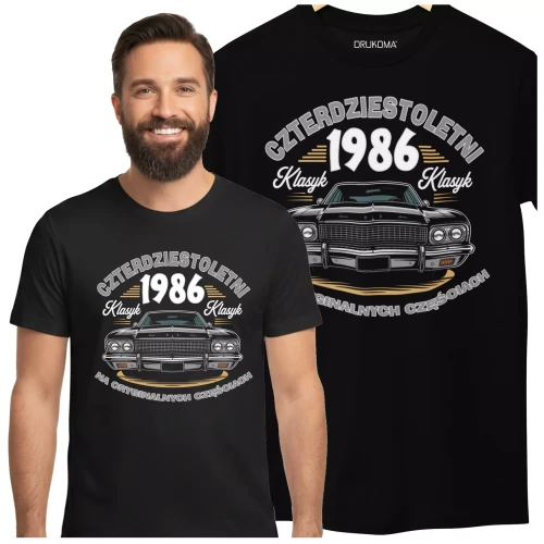 Koszulka na urodziny na 40 CZERDZISTKĘ z napisem CZTERDZIESTOLETNI KLASYK 1986 NA ORYGINALNYCH CZĘŚCIACH (3).webp