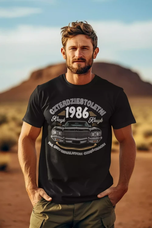Koszulka na urodziny na 40 CZERDZISTKĘ z napisem CZTERDZIESTOLETNI KLASYK 1986 NA ORYGINALNYCH CZĘŚCIACH (1).webp