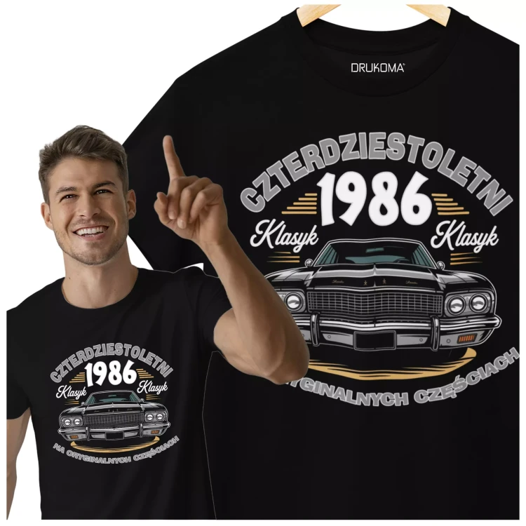 Koszulka na urodziny na 40 CZERDZISTKĘ z napisem CZTERDZIESTOLETNI KLASYK 1986 NA ORYGINALNYCH CZĘŚCIACH (2).webp