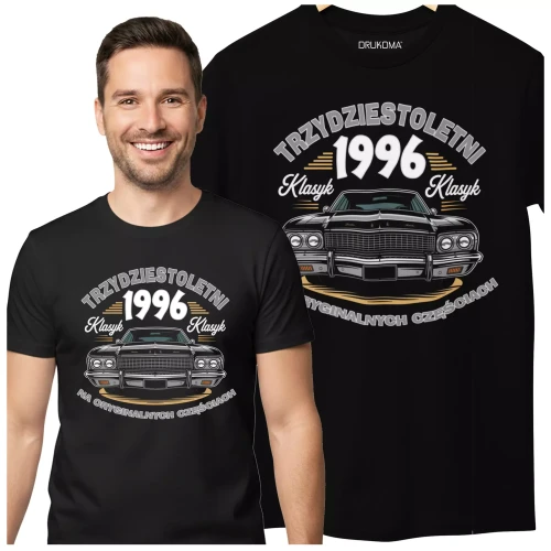 Koszulka na urodziny na 30 TRZYDZIESTKĘ z napisem TRZYDZIESTOLETNI KLASYK 1996 NA ORYGINALNYCH CZĘŚCIACH (3).webp