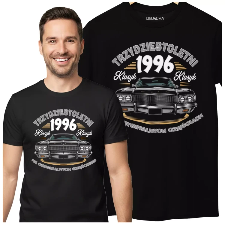 Koszulka na urodziny na 30 TRZYDZIESTKĘ z napisem TRZYDZIESTOLETNI KLASYK 1996 NA ORYGINALNYCH CZĘŚCIACH (3).webp