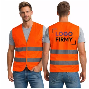 Kamizelka odblaskowa pomarańczowa z twoim logo napisem na plecach z dwoma pasami fluorescencyjnymi.webp