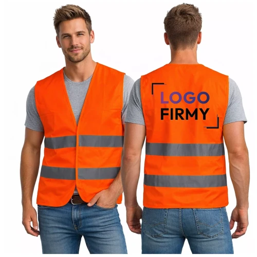Kamizelka odblaskowa pomarańczowa z twoim logo napisem na plecach z dwoma pasami fluorescencyjnymi.webp