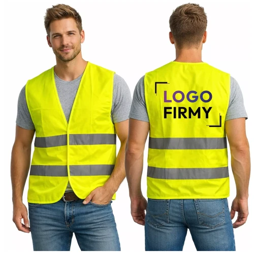 Kamizelka odblaskowa żółta z twoim logo napisem na plecach z dwoma pasami fluorescencyjnymi.webp