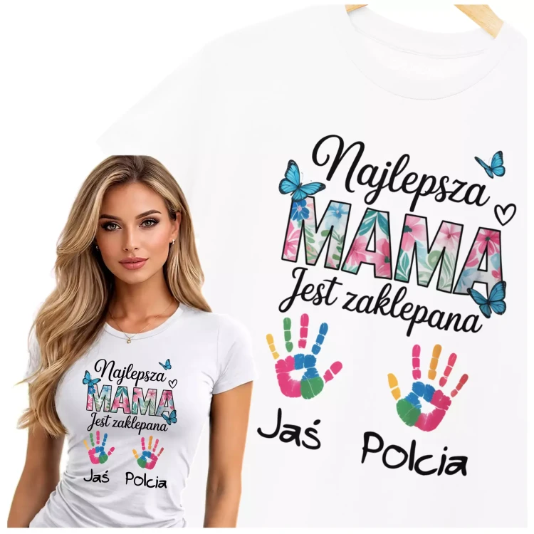 KOSZULKA DAMSKA Z NADRUKIEM NAJLEPSZA MAMA JEST ZAKLEPANA + IMIONA DZIECI (1).webp