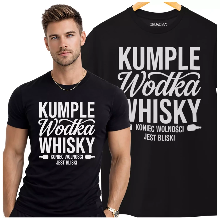 Koszulka na wieczór kawalerski modny prezent dla przyszłej Pary Młodej z napisem KUMPLE WÓDKA WHISKY KONIEC WOLNOŚCI JEST BLISKI (4).webp
