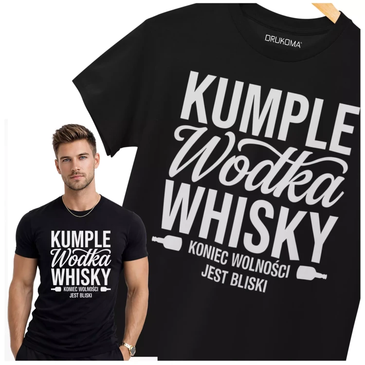 Koszulka na wieczór kawalerski modny prezent dla przyszłej Pary Młodej z napisem KUMPLE WÓDKA WHISKY KONIEC WOLNOŚCI JEST BLISKI (1).webp