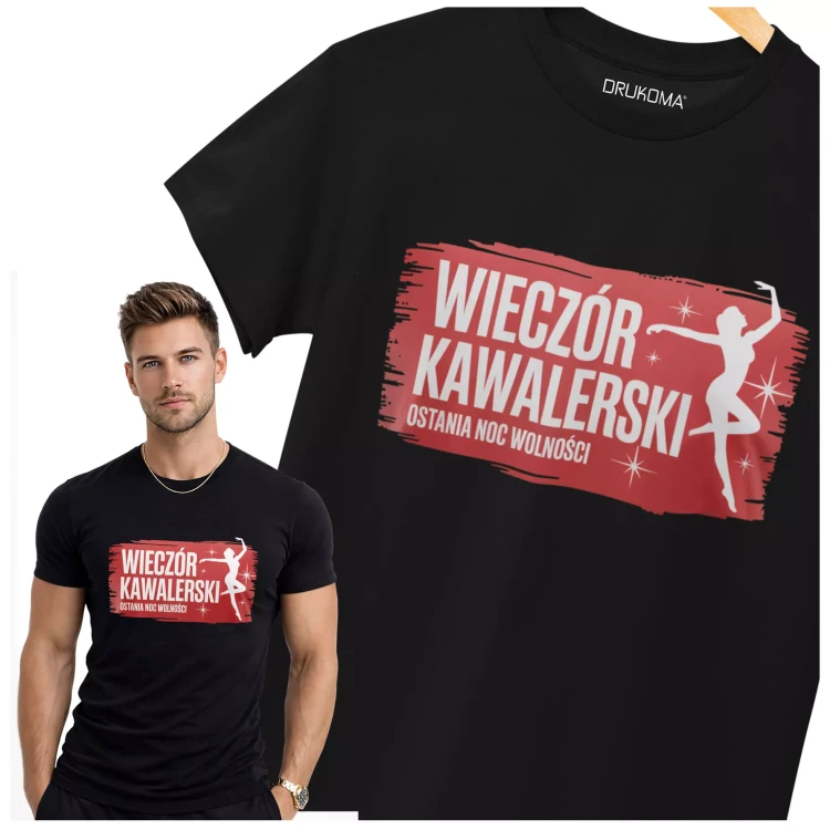 Koszulka na wieczór kawalerski modny prezent dla przyszłej Pary Młodej z napisem WIECZÓR KAWALERSKI OSTATNIA NOC WOLNOŚCI (1).webp