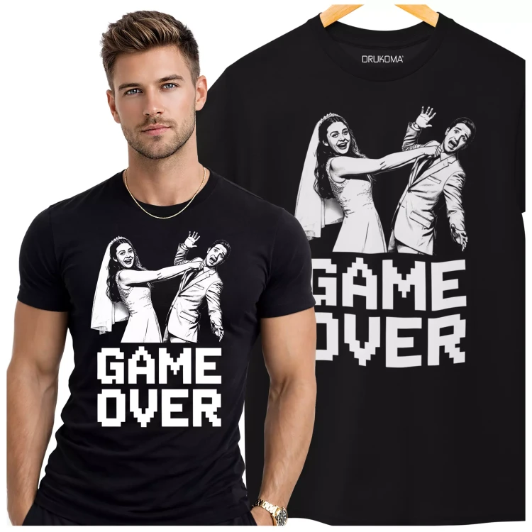 Koszulka na wieczór kawalerski modny prezent dla przyszłej Pary Młodej z napisem GAME OVER (4).webp