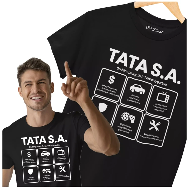 KOSZULKA dla Taty na Dzień Ojca z napisem TATA S.A. GODZINY PRACY - USŁUGI FINANSOWE, TRANSPORTOWE, OCHRONA, REMONTY (1).webp